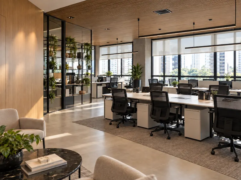 Ambiente de trabalho com estações e vista para a cidade