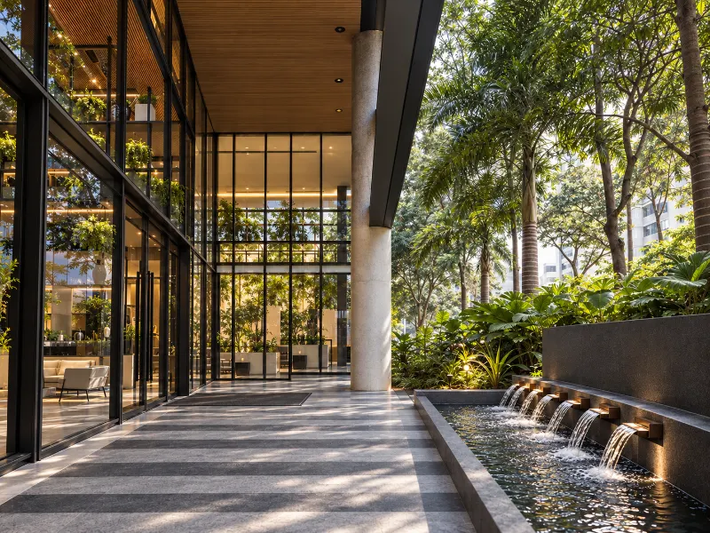 Entrada da sede em São Paulo, com jardim e espelho d’água